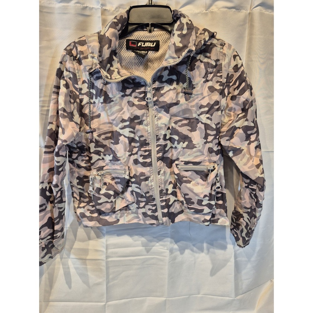 Vintage Fubu Youth Large Camo Windbreaker Jacket 90s Y2K Hip Hop Streetwear Rare